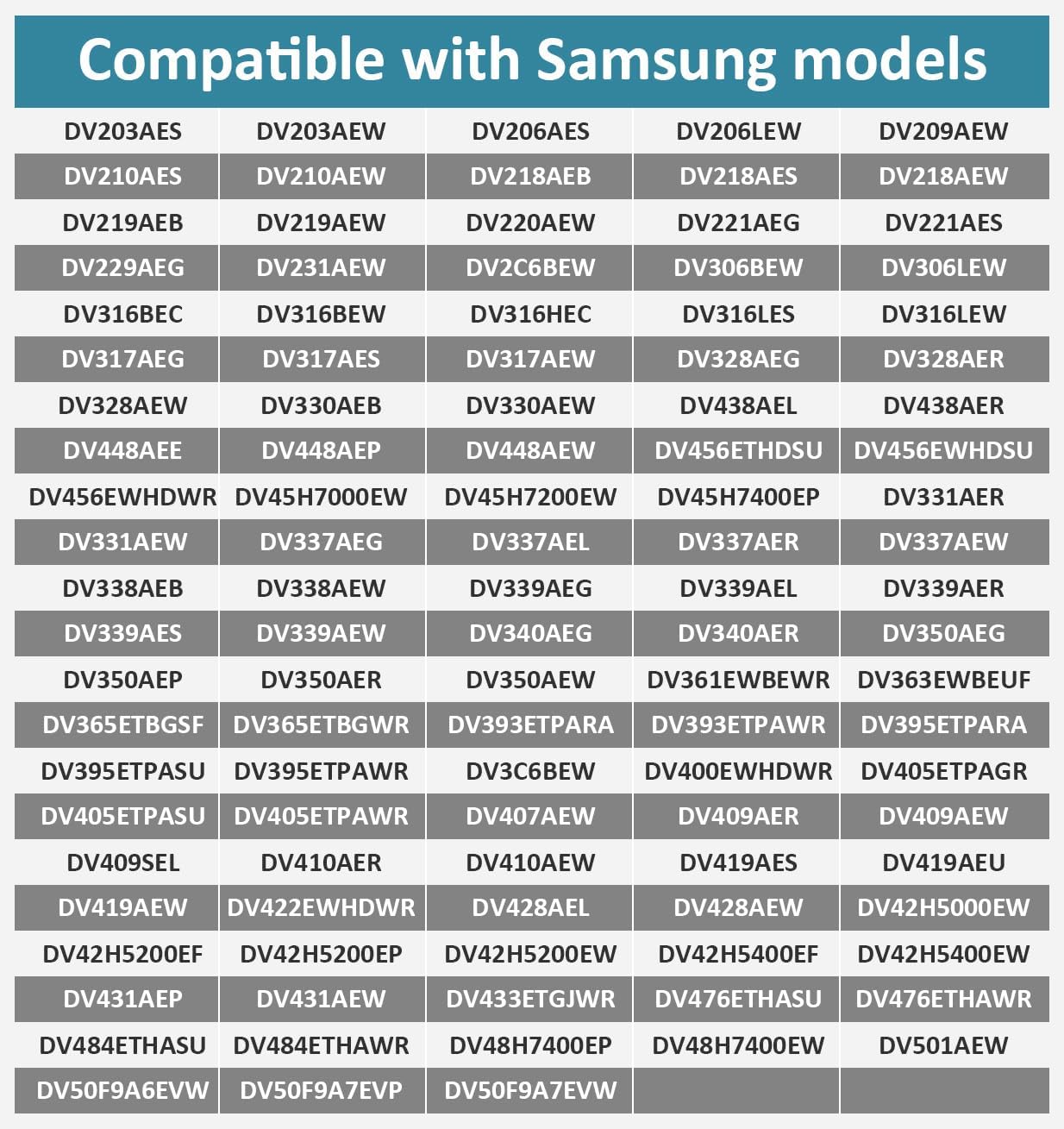 Table of compatible Samsung dryer models
