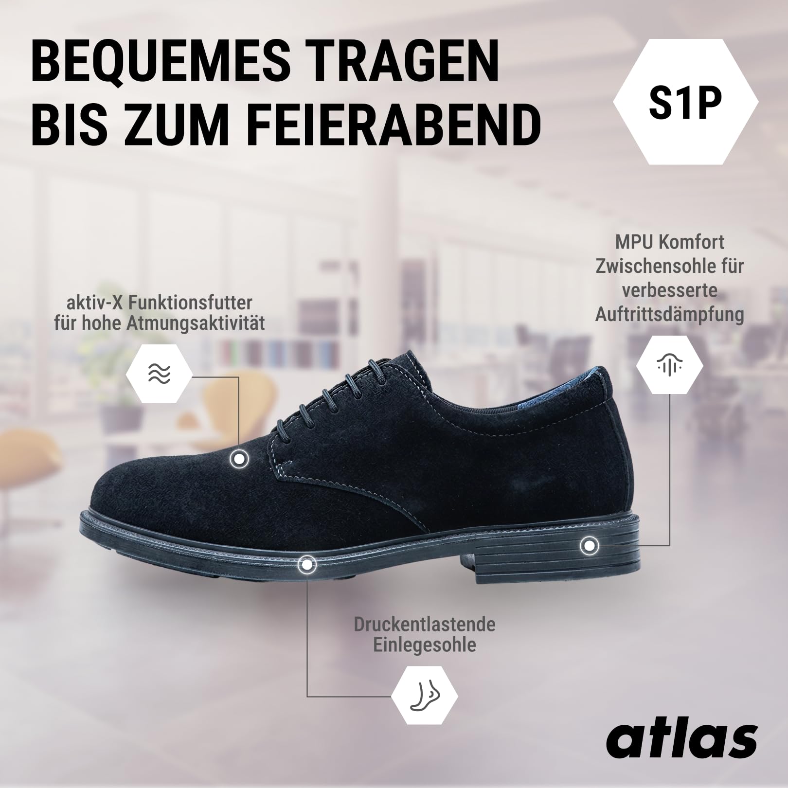 Atlas Office CX 50 S1 - Zapatos de Seguridad, Color Negro