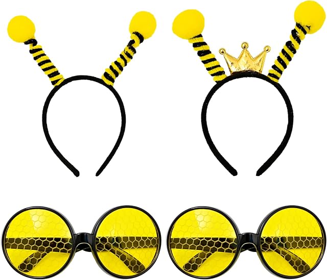 NAUZE 2 Pieces Bee Headband and 2 Pairs Glasses Set Bee Antenna Headband Boppers with Bee Sun Glasses for Bee Day Fancy Dress Party Halloween Bee Costume Accessories
