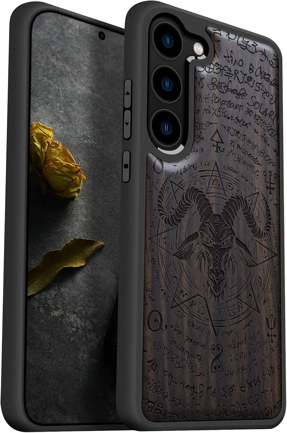 Carveit Wood Case for Galaxy S23 Case [Natural Wood & Black Soft TPU] Shockproof Protective Cover Unique & Classy Wooden Design Compatible with Samsung S23 (The Devil-Blackwood)