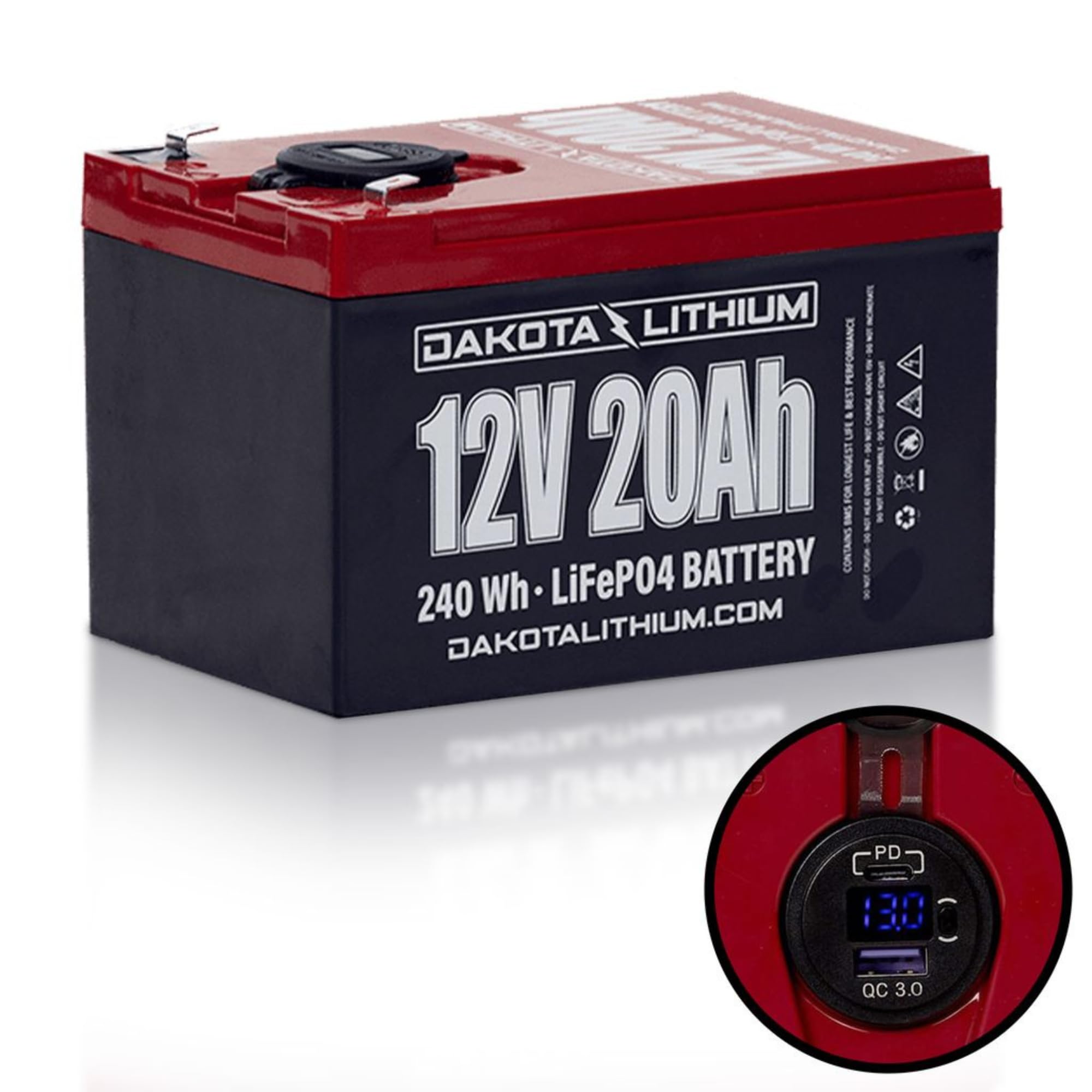 Dakota Lithium12V 20Ah LiFePO4 Deep Cycle Battery with Voltmeter and Dual Waterproof USB Ports – 11 Year USA Warranty, 2000+ Cycles – Perfect for Ice Fishing, Fish Finders, and More