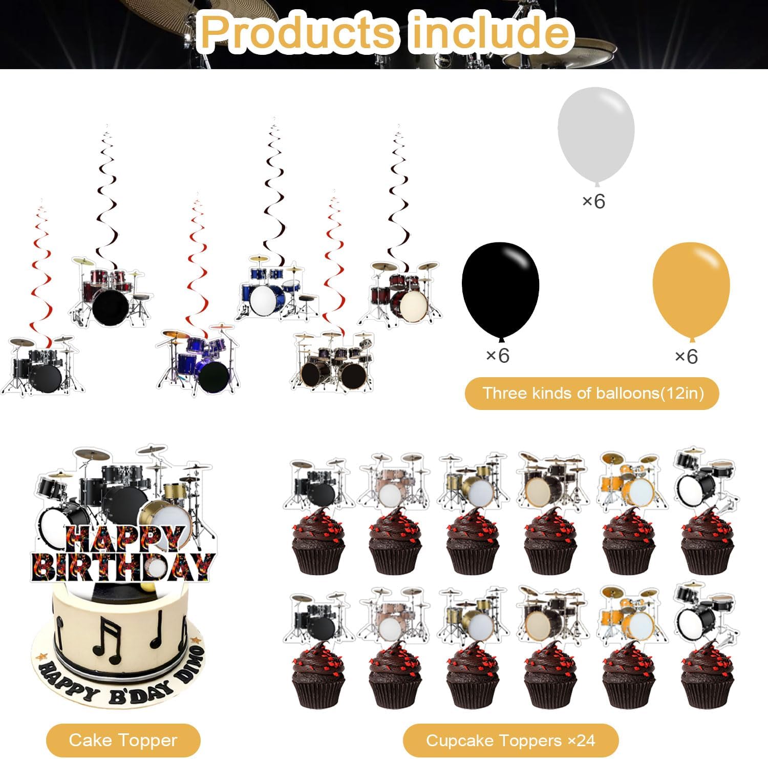 Music Drum Birthday Party Decorations,Music Drum Party Decorations Happy Birthday Banner, Balloons,Hanging Swirls,Cake and Cupcake Toppers for Party Decor Gifts - Image 3