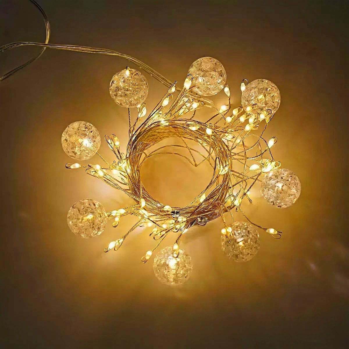 HHMTAKA Cluster Lights 1.5M 50LED 7 Crackle Balls 8 Modes with Remote String Lights on Silver Wire Best for Christmas Fairy String Lights Plug-in (Warm White)