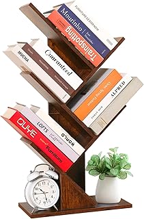 HXXUYY 4 Tier Tree Bookshelf Free Standing Bookcase Rust Brown Storage Book Self for Books,Albums,CDs,Magazines, Wooden Morden Book Storage Rack Display for Office/Livingroom/Bedroom