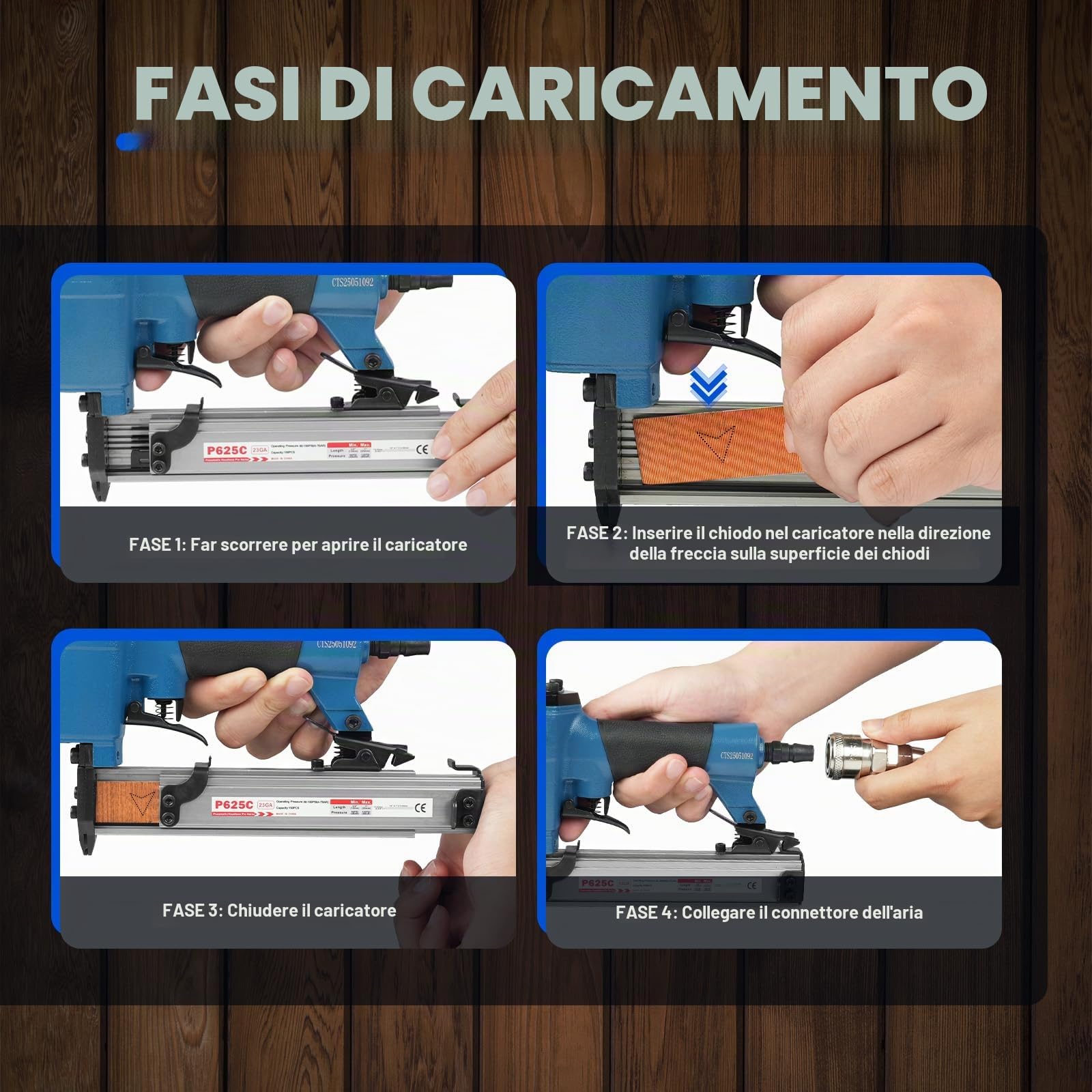 P625C Chiodatrice pneumatica 23GA 12-25mm sicurezza per falegnameria-mobili | Punta snella e precisa. 0,9kg leggera. Caricatore 150 chiodi. Impugnatura gommata. Per armadi, finestre, porte e decorazioni