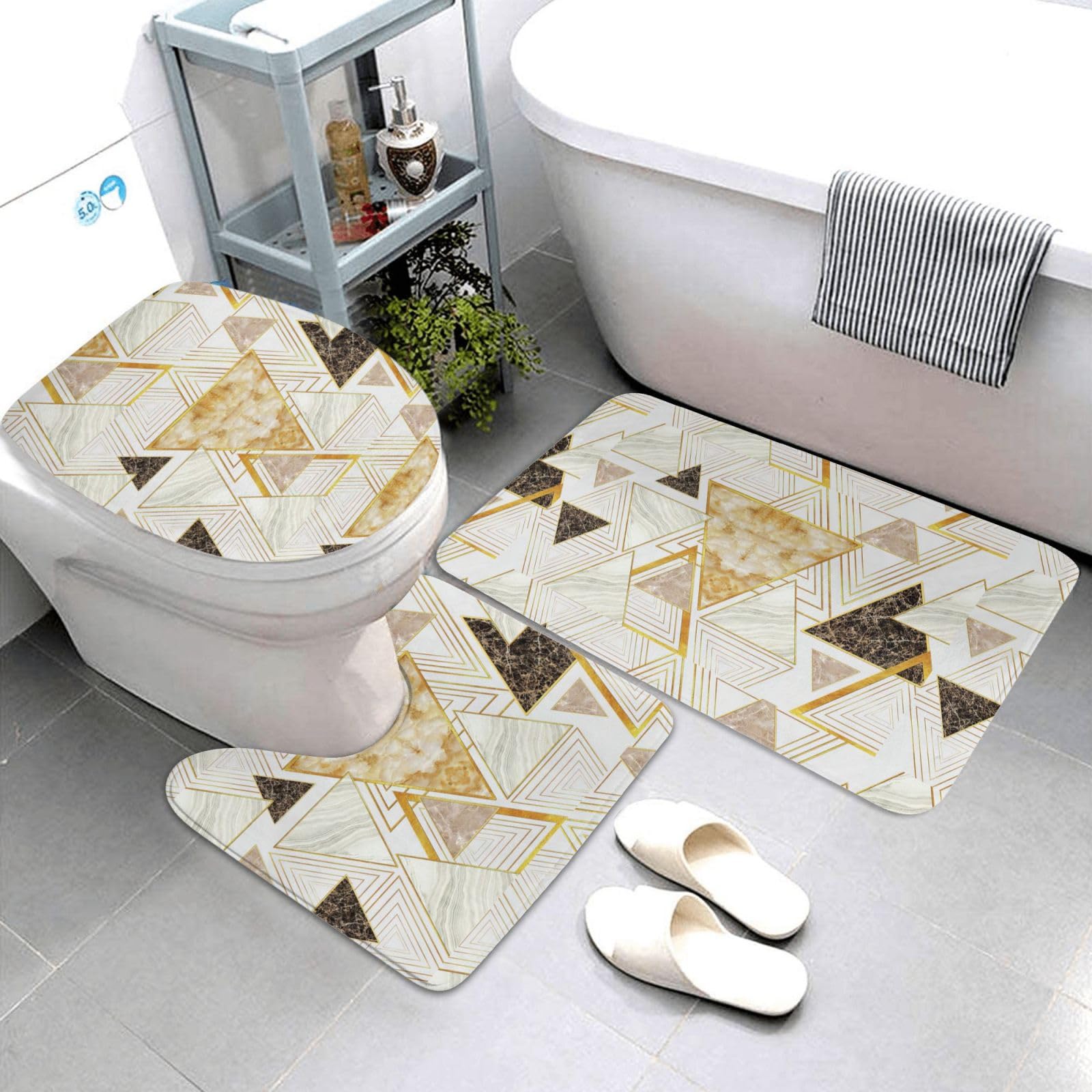 BREAUX Tapis de sol antidérapant à motif géométrique abstrait, tapis de sol de salle de bain, couverture de douche antidérapante, ensemble de 3 pièces