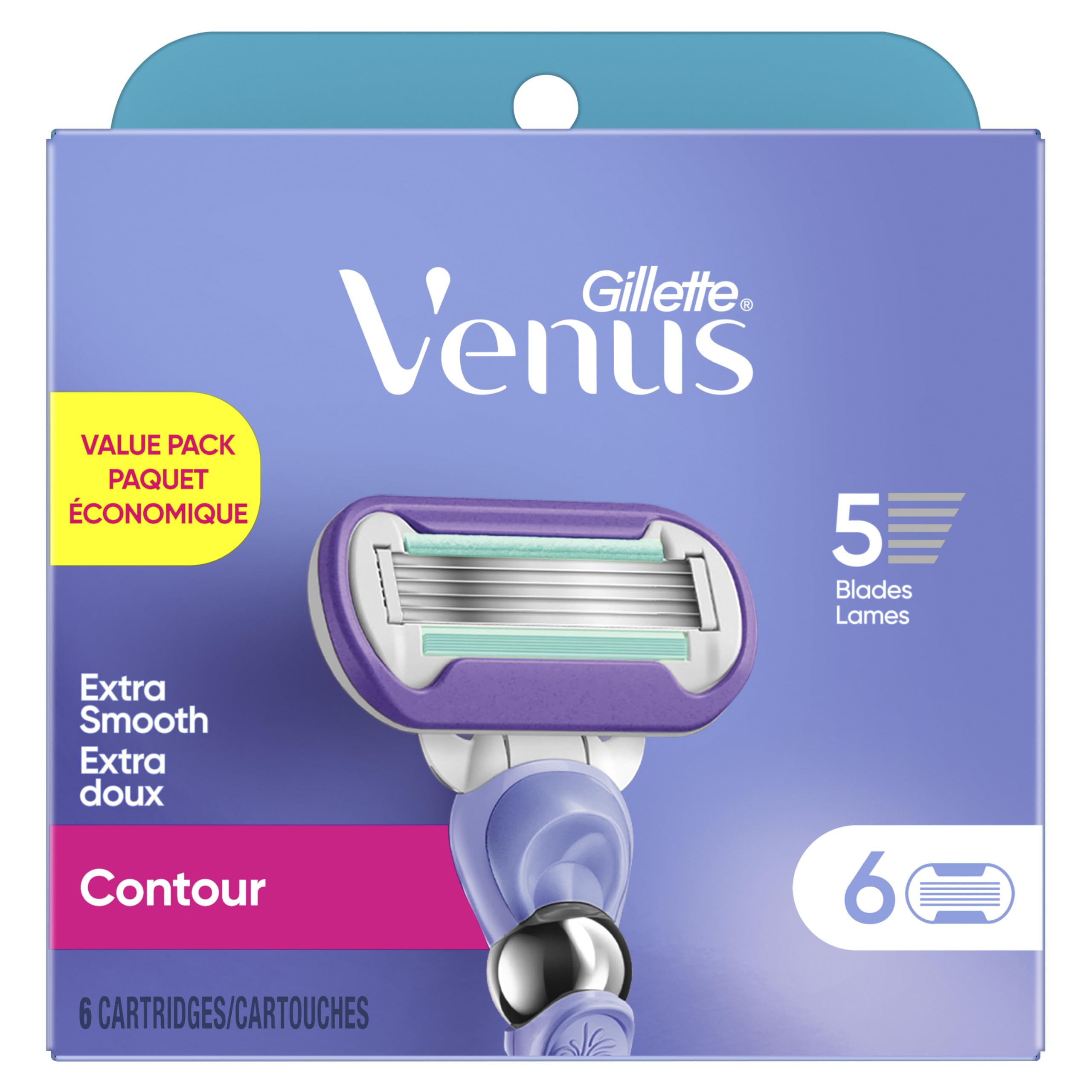 Gillette Venus Extra Smooth Contour Women’s Razor Blades, 5-Bladed Razor Refills, 6 Count