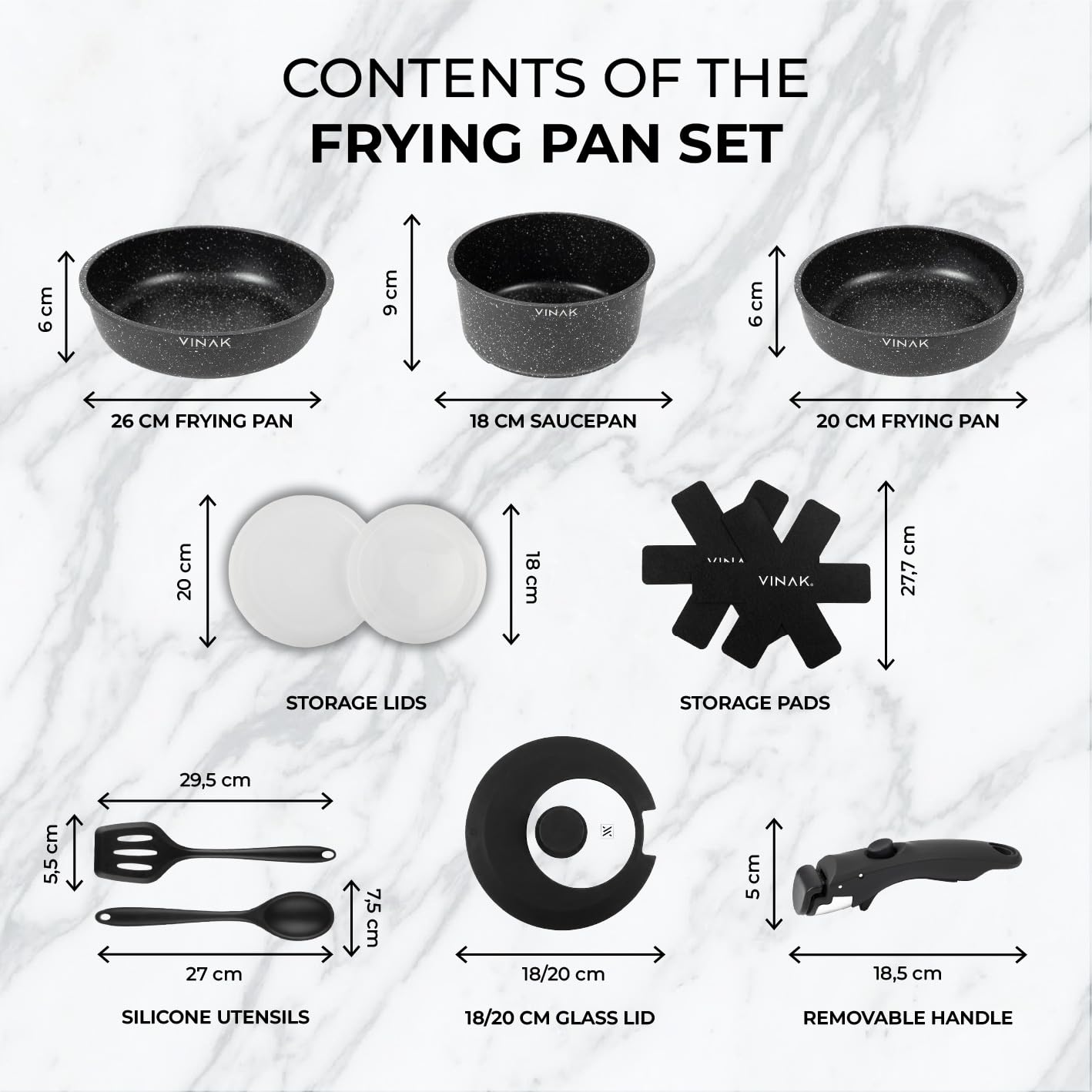 VINAK - Zestaw patelni z odpinaną rączką 11 el. – Patelnie ceramiczne indukcja, piekarnik, do kuchni, na kemping – Bez PFOA