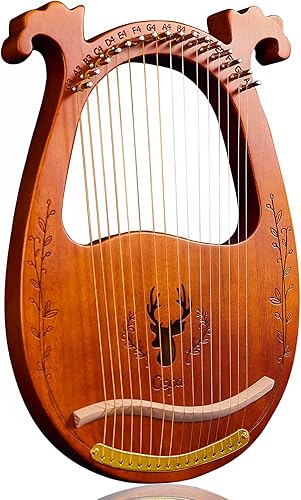 Arpa de lira 16 cuerdas de metal caoba lira arpa patrón de ciervos con silla de arce tallada nota de afinación llave de ajuste cuerdas de recogida y
