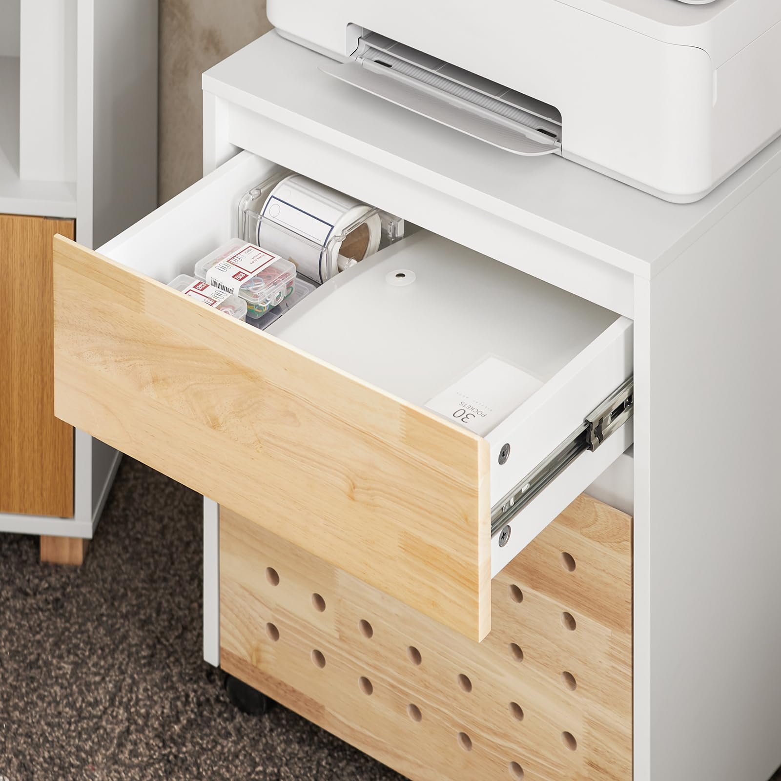 SoBuy Armoire de rangement sur roulettes pour bureau - Blanc et naturel - 45x45x59 cm - ASK06-WN