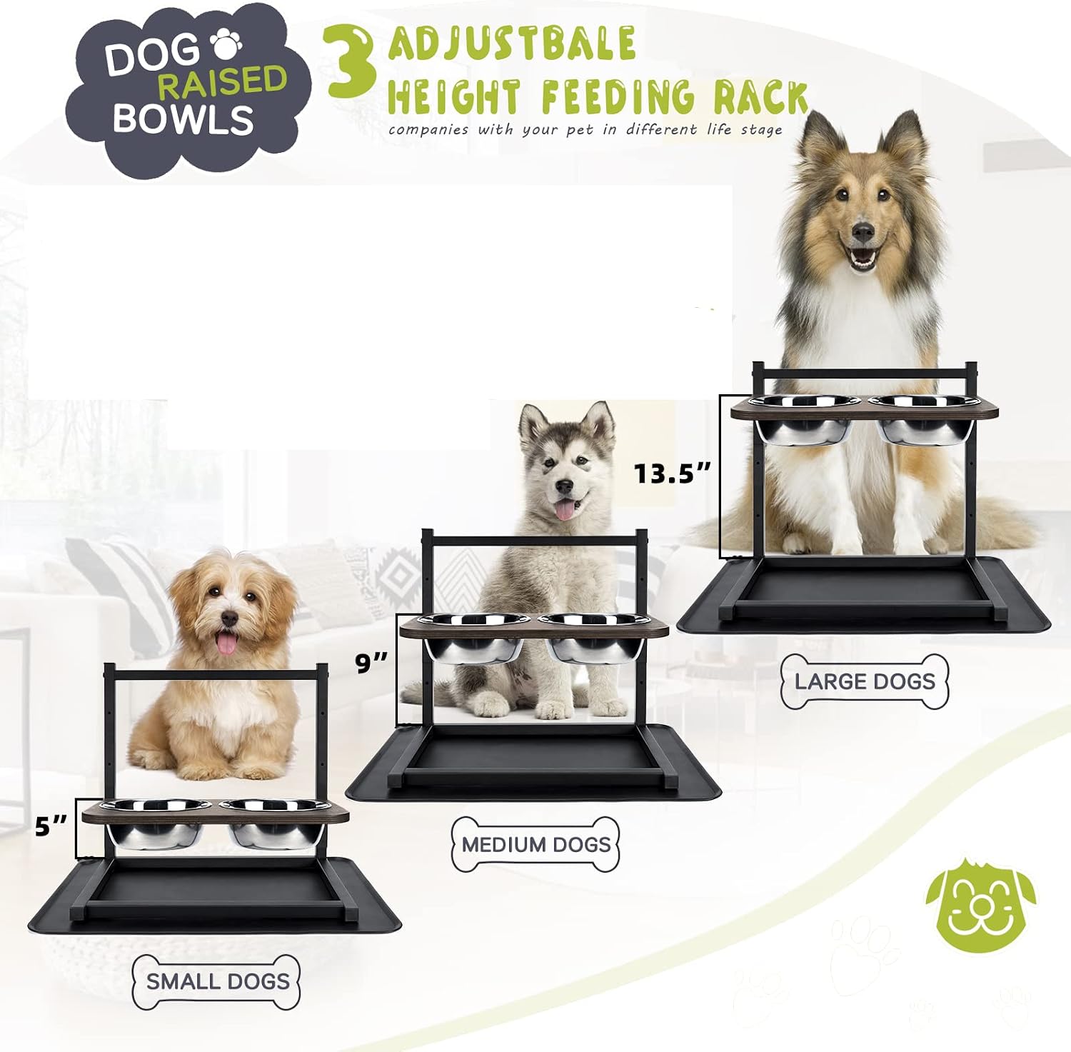 Emfogo Dog Bowls Elevated Dog Bowls Stand Adjustable Elevated 3 Heights5in 9in 13in with Spill Proof Mat Raised Dog Bowl for Large Dogs 16.5x16 inch