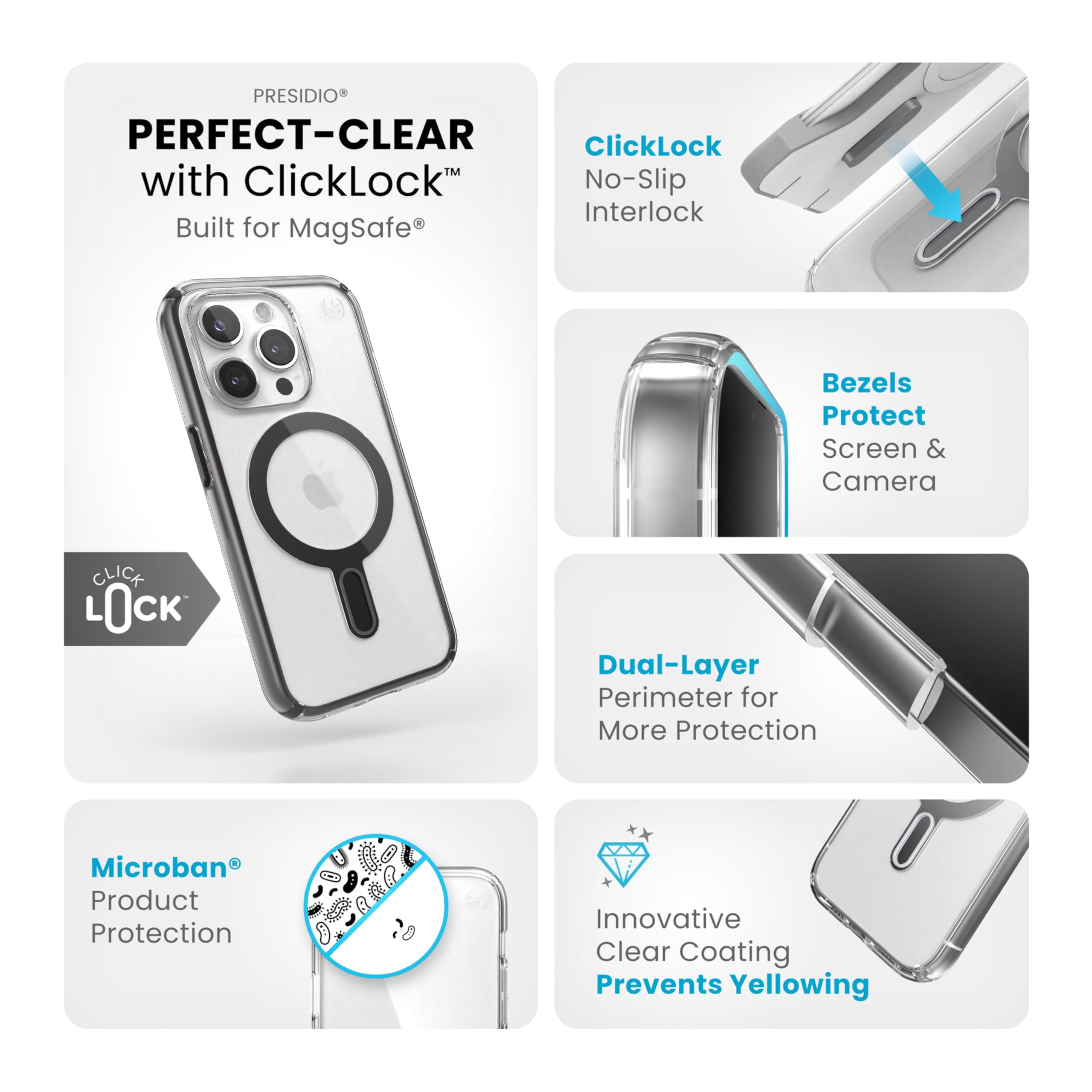 Speck Klare iPhone 15 Pro Hülle – ClickLock rutschfeste Interlock, gebaut für MagSafe, Fallschutz – Kratzfest, vergilbungsfrei, 6,1 Zoll – Presidio Clear/Frosted Black