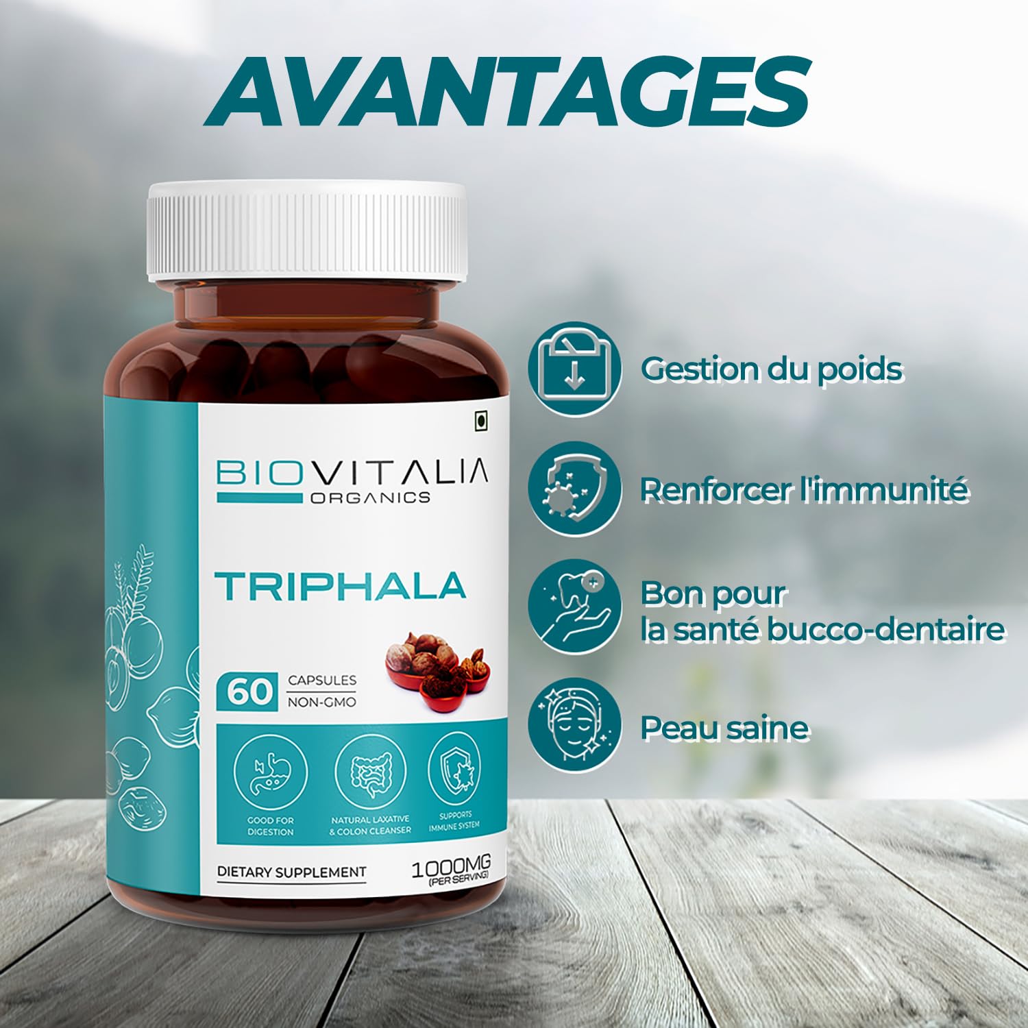 Complément alimentaire Triphala 1000 mg | Favorise la digestion | Soutient le système immunitaire | 60 capsules végétaliennes | Paquet de 1