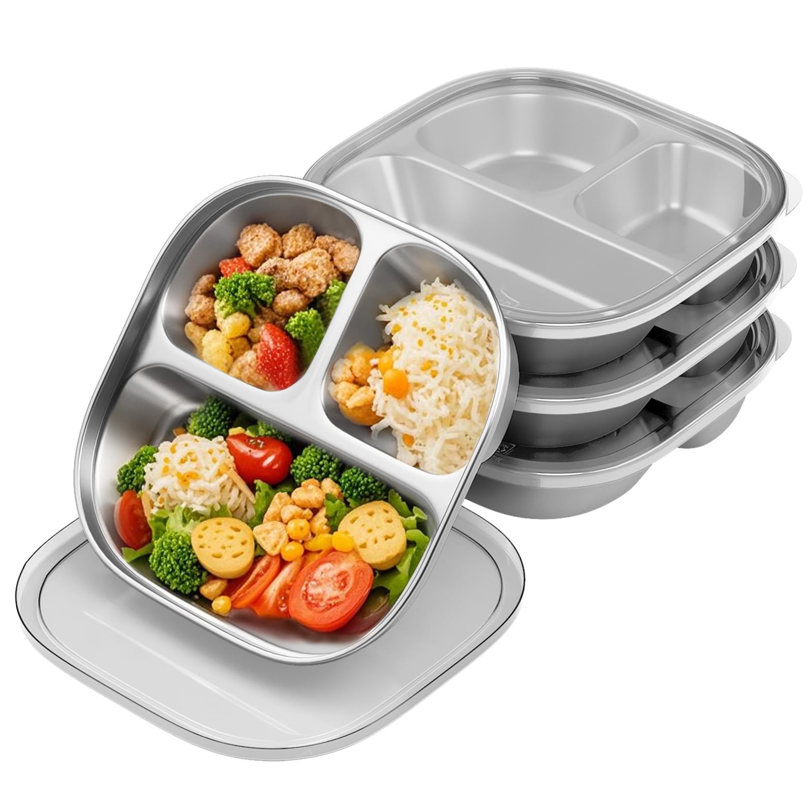 stainless steel kids plates,set of 4 toddler plates with lids - 3 compartments stainless steel snack containers for kids non toxic & 100% bpa free