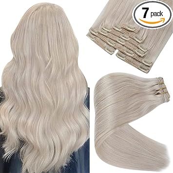VeSunny Blonde Clip in Hair Extensions Human Hair Platinum Blonde Hair Extensions Clip in Double Weft Remy Human Hair 18inch 7pcs 120g/set