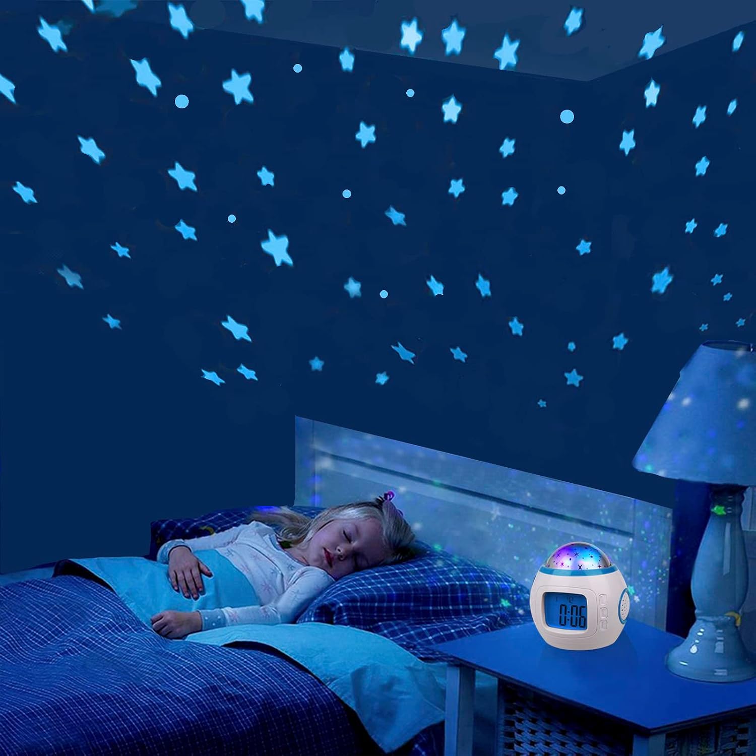 Kids Alarm Clock, Moon Stars Projector Alarm Clock, 7 Color Changing Temperature Detect Alarm Clock for Toddler, Children Boys Girls Students to Wake up at Bedroom, Bedside, Batteries Operated