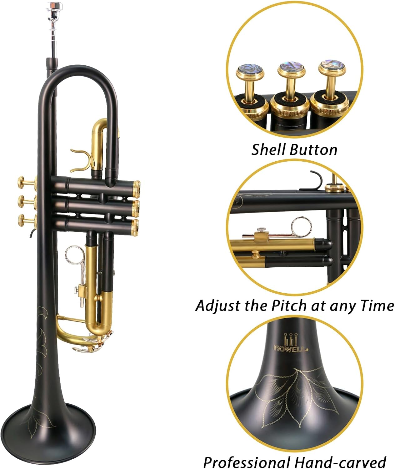 ROWELL Bb Trumpet Professional Trumpets for Adult Standard Trumpet Set for Beginner Student Brass Trunpet with Deluxe Hand Case,7C Mouthpiece,Cloth,Gloves,Trumpet Stand (Nickel Black)