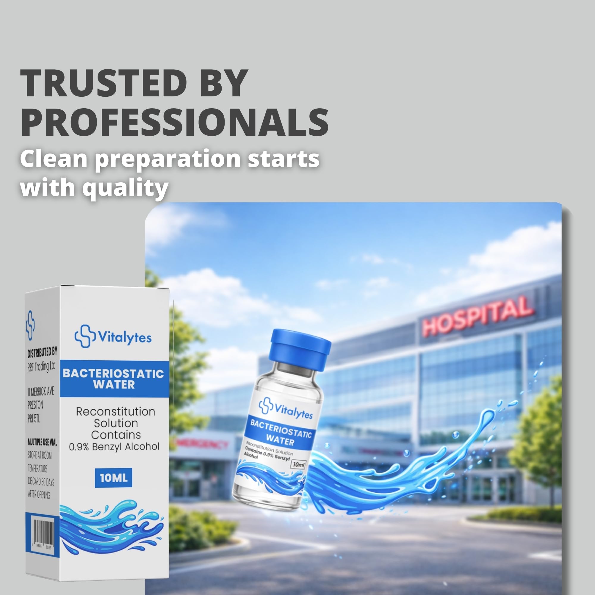 Vitalytes Acqua batteriostatica, 10 ml, soluzione di ricostituzione di laboratorio con alcool benzilico allo 0,9%, diluente sterile multiuso in flaconcino di vetro borosilicato