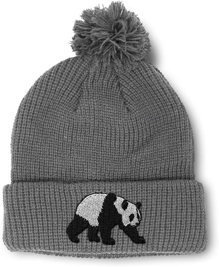Pom Pom Beanies for Women Panda Bear Embroidery Skull Cap Wild Animals Winter Hats for Men Acrylic 1 Size