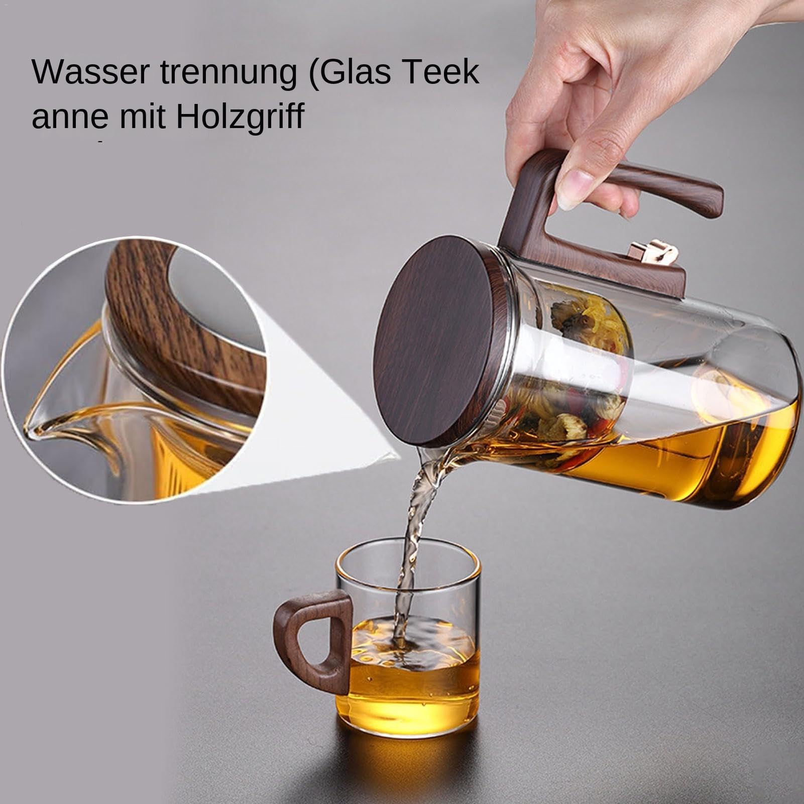 Wassertrennende Glas-Teekanne mit Holzgriff, Enchantipot Magische Teekanne, Magische Glas-Teekanne mit Teesieb, Enchanti-Teekanne, Teetrennende Glas-Teekanne mit großem Fassungsvermögen