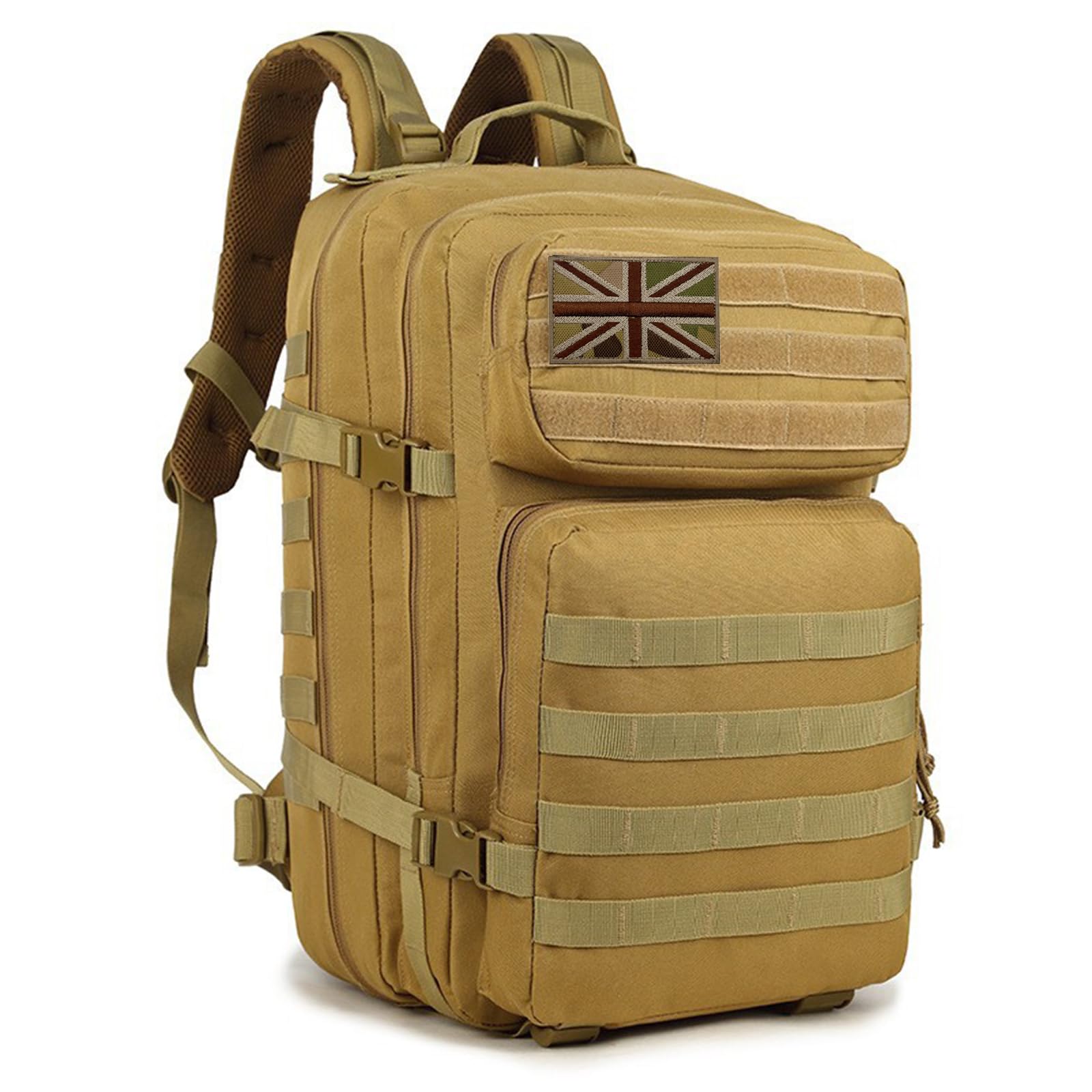 Geebymol 45L Military Tactical Backpacks Large Molle Army Assault Pack 3 Day Bug Out Bag Laptop Bag for Hiking Treeking Black Hunting Rucksack with 4 Flag Patches (Khaki) — image 1