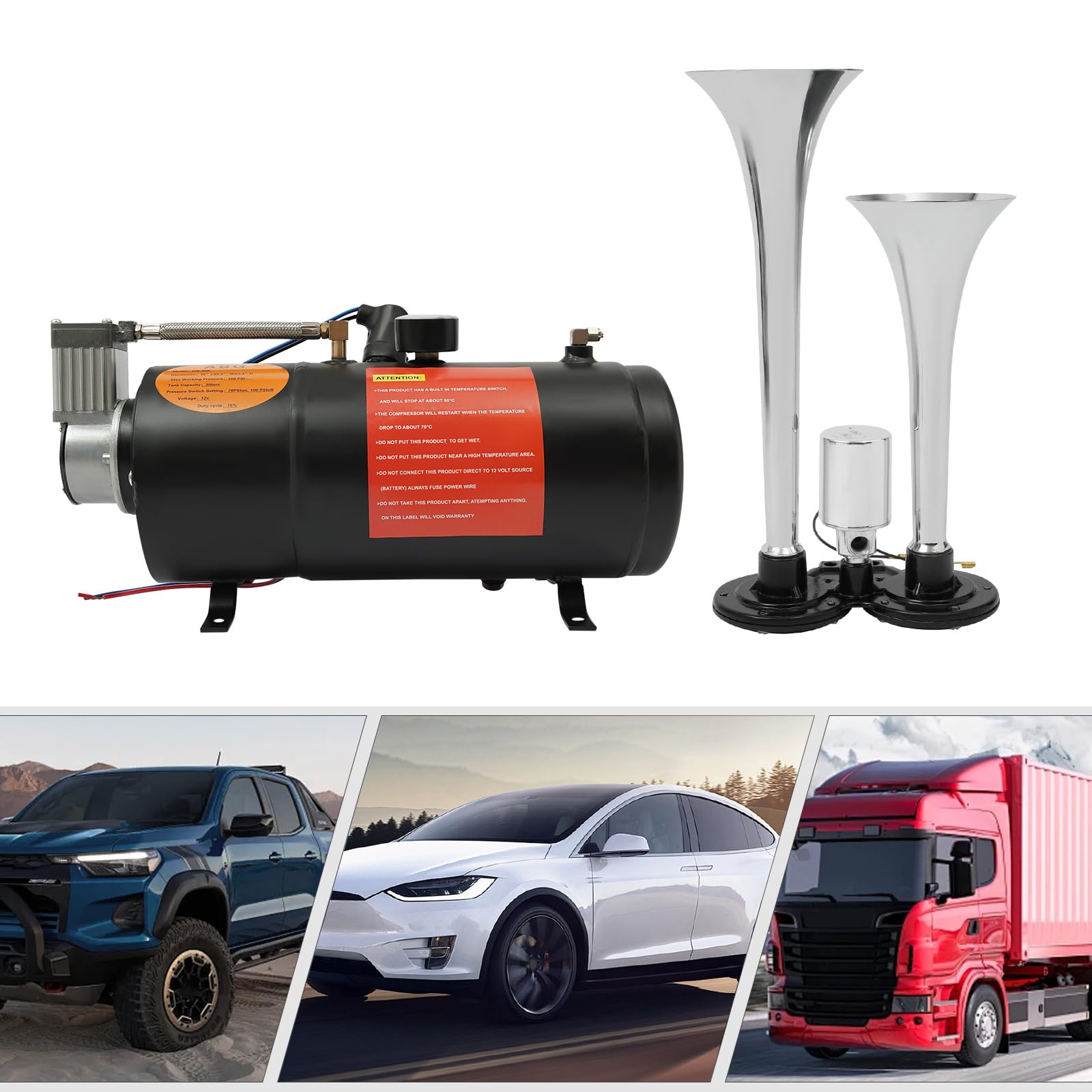 Zestaw klaksonów, 12 V, z kompresorem 3 l, 150 psi i manometrem, do łodzi, samochodów, automatycznych maszyn