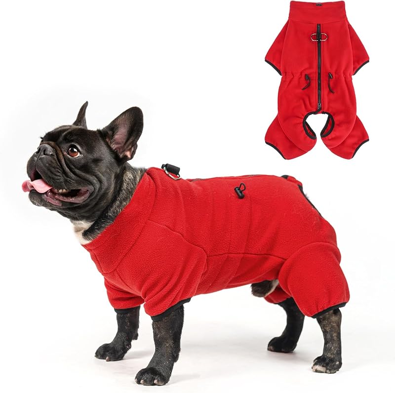 SCENEREAL Suéteres de forro polar para perros con arnés incorporado, pijamas suaves para perros con cremallera para niños y niñas, campera navideña para mascotas para clima frío, ropa para cachorros, perros pequeños, medianos y grandes, rojo S