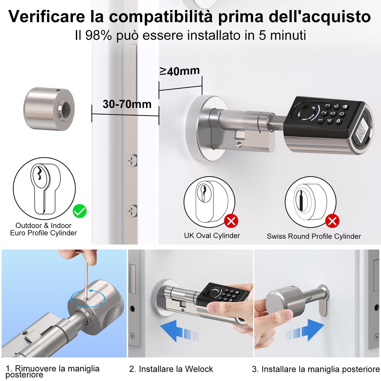 WELOCK ToucA51 Serratura Smart,Serratura Impronta Digitale,con Password,Carta RFID,Bluetooth APP e WiFi,serratura elettronica impermeabile IP65,Smart Lock Facile Installazione,Serratura Porta Blindata