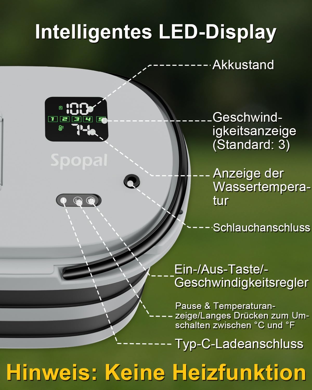 Spopal Campingdusche 20-Liter-Wassereimer 13000-mAh-Akku LED-Anzeige 5-stufige Wasserströmung Tragbarer Akku Dusche
