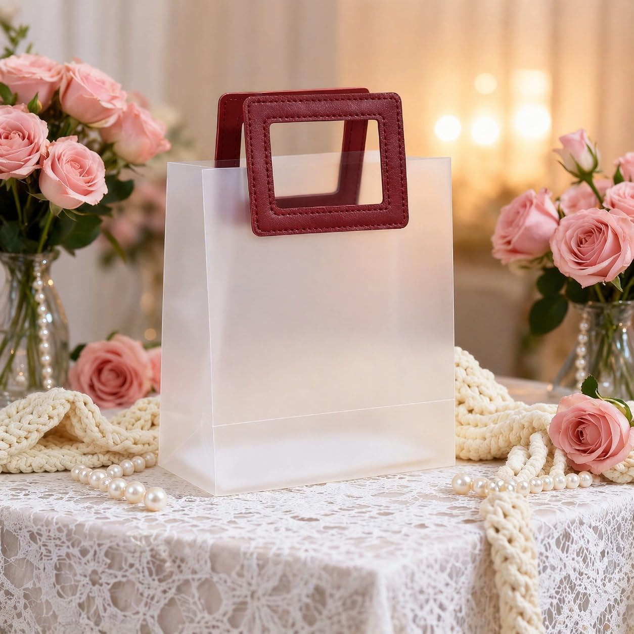 SATYAM KRAFT 6 Pcs Translucent Goodie Bag Round leather | Gift Bag for Her / Him, Mothers Day, Handle hamper bag, Carry Bags, shopping gift bag, Presents, Packing, Wedding Return Gifts, Birthday, Events, Festivals (Maroon Square (18.5 x 16 x 8 cm))-image-23