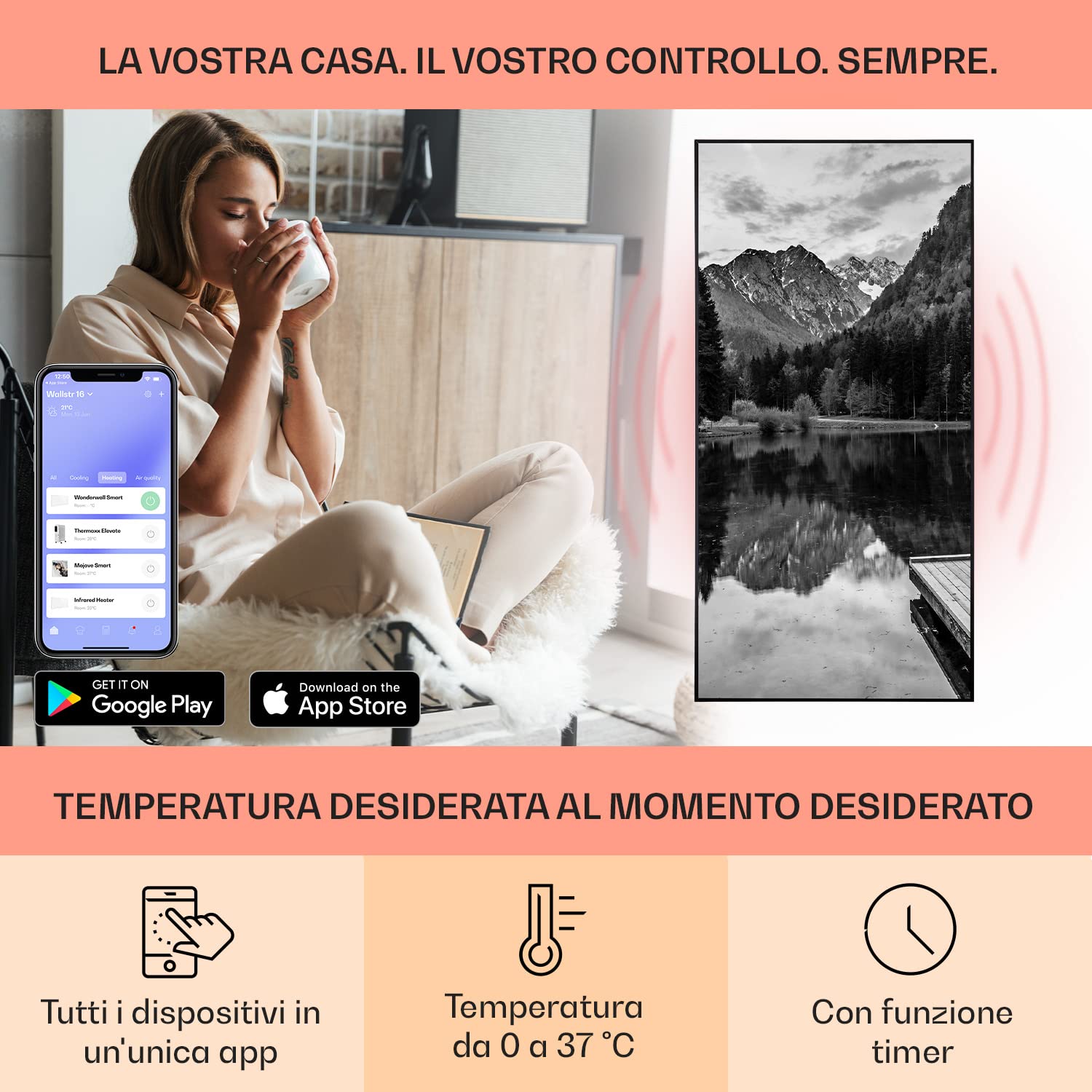 Klarstein Air Art Smart Stufa Elettrica Basso Consumo, Termoconvettore Elettrico da Parete 700W con Controllo IoT/WiFi App, Termosifone Elettrico a Muro, Pannello Radiante Infrarossi, Senza CO2