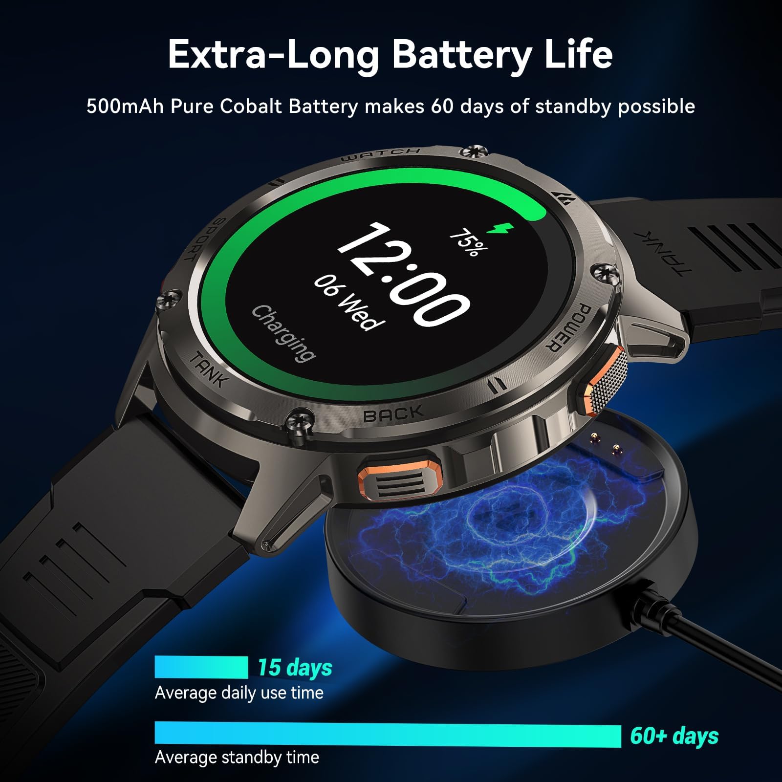 Relojes inteligentes para hombres, batería extra larga de 60 días, llamada Bluetooth militar resistente (contestación/llamadas de marcación), pantalla AMOLED Ultra HD de 1.43 pulgadas, reloj 5