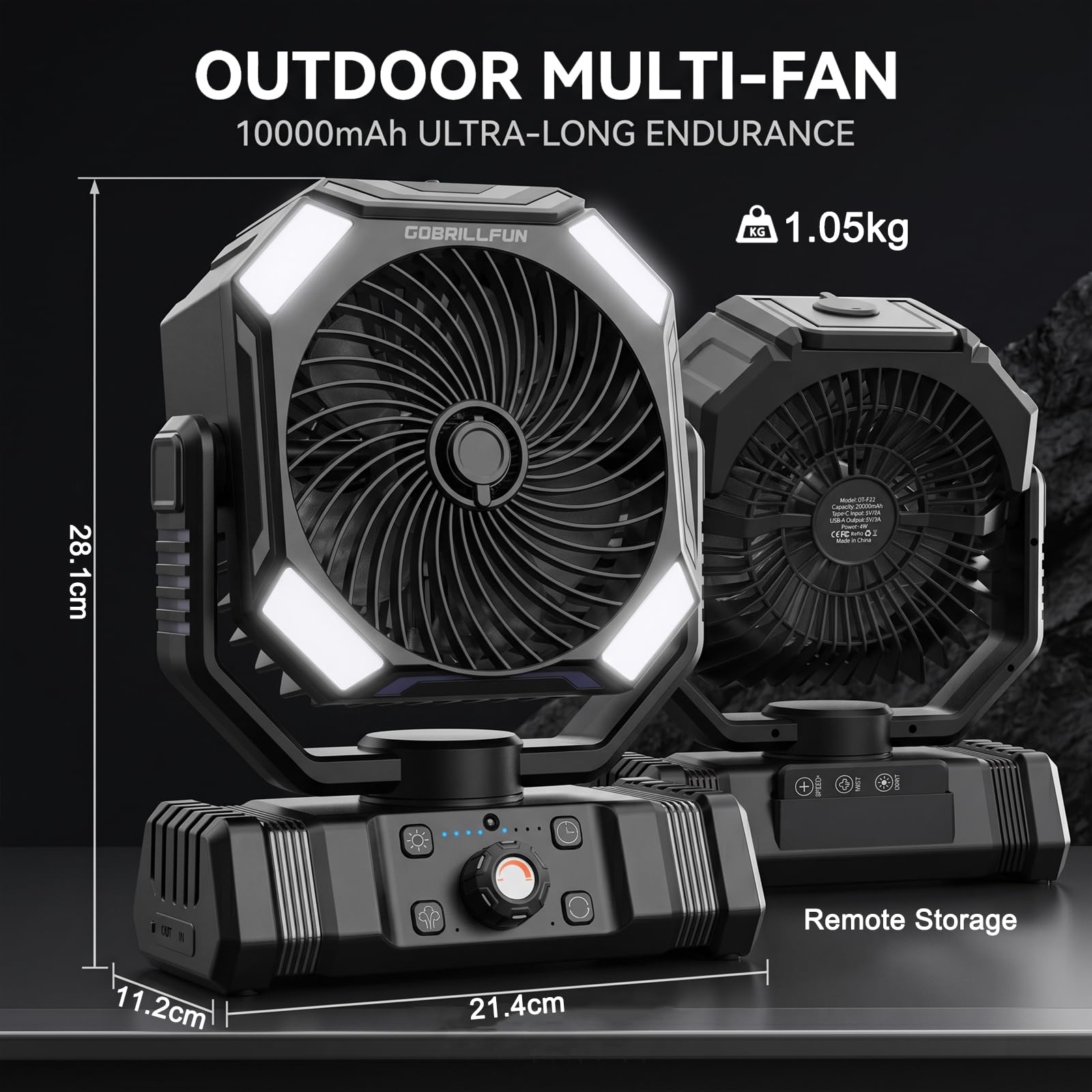 Ventilateur à Batterie avec Brumisation, Ventilateur Portable Rechargeable 10000mAh, Ventilateur Oscillant avec Réservoir 300mL, Télécommande, Lumière LED, Minuterie pour Camping Terrasse Plage Bureau