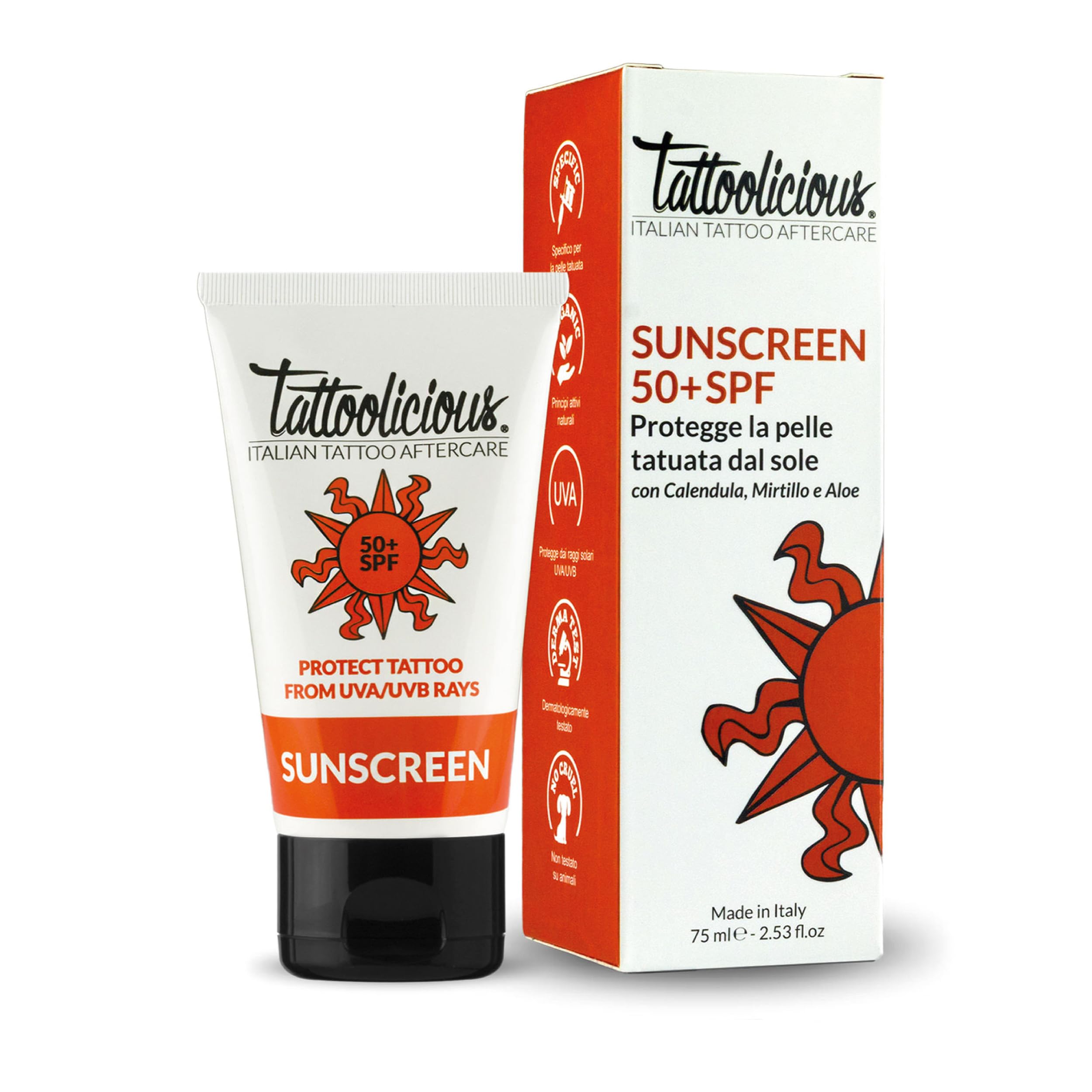 Tattoolicious SUNSCREEN 50+ SPF 75 ml – Protezione Solare | UVA/UVB Anti-Sbiadimento per Tatuaggi | Con Ingredienti Naturali e Principi Attivi Bio, Vegan, Cruelty Free, Derma Tested | Made in Italy