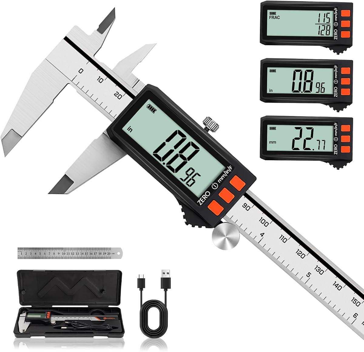 Digital Caliper, Rechargeable Calipers with Power Display, 0-6 Inch | Large LCD Micrometer, Inch/MM/Fraction Calipers Measuring Tool, Auto-Off Vernier Caliper for DIY/Household/3D Printing
