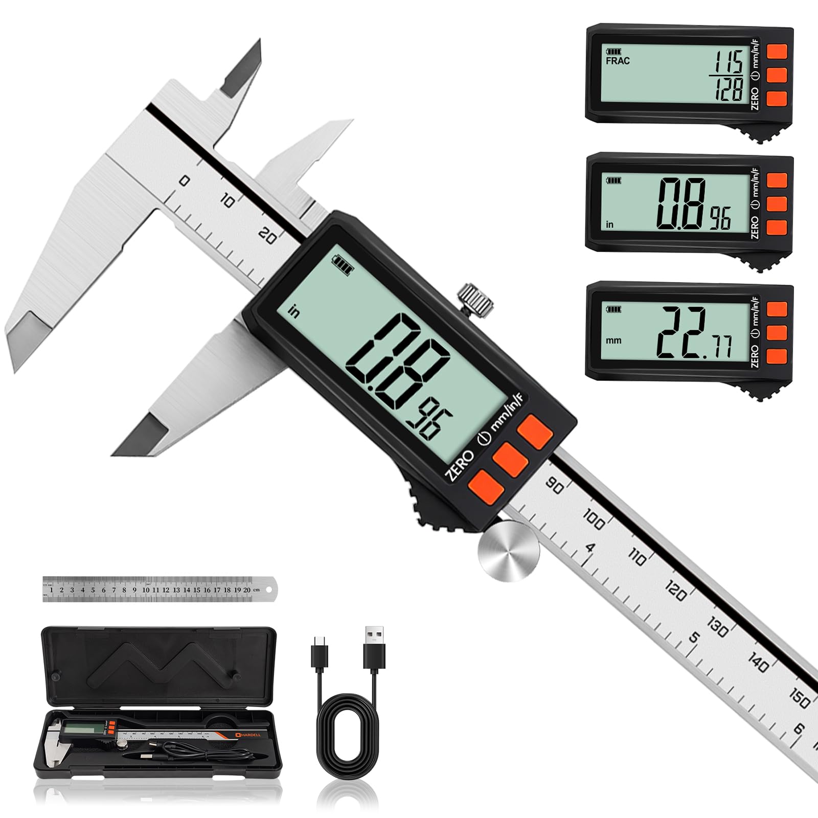 Calibrador digital recargable con pantalla de alimentación, micrómetro digital HARDELL de 6 pulgadas con pantalla LCD grande, apagado automático, herramienta de medición de calibrador con conversión