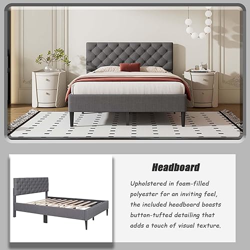 Miniatura 5 de TMEOSK Base de cama tapizada de lino de tamaño matrimonial con cabecera cómoda, plataforma moderna de mediados de siglo con soporte de listones de