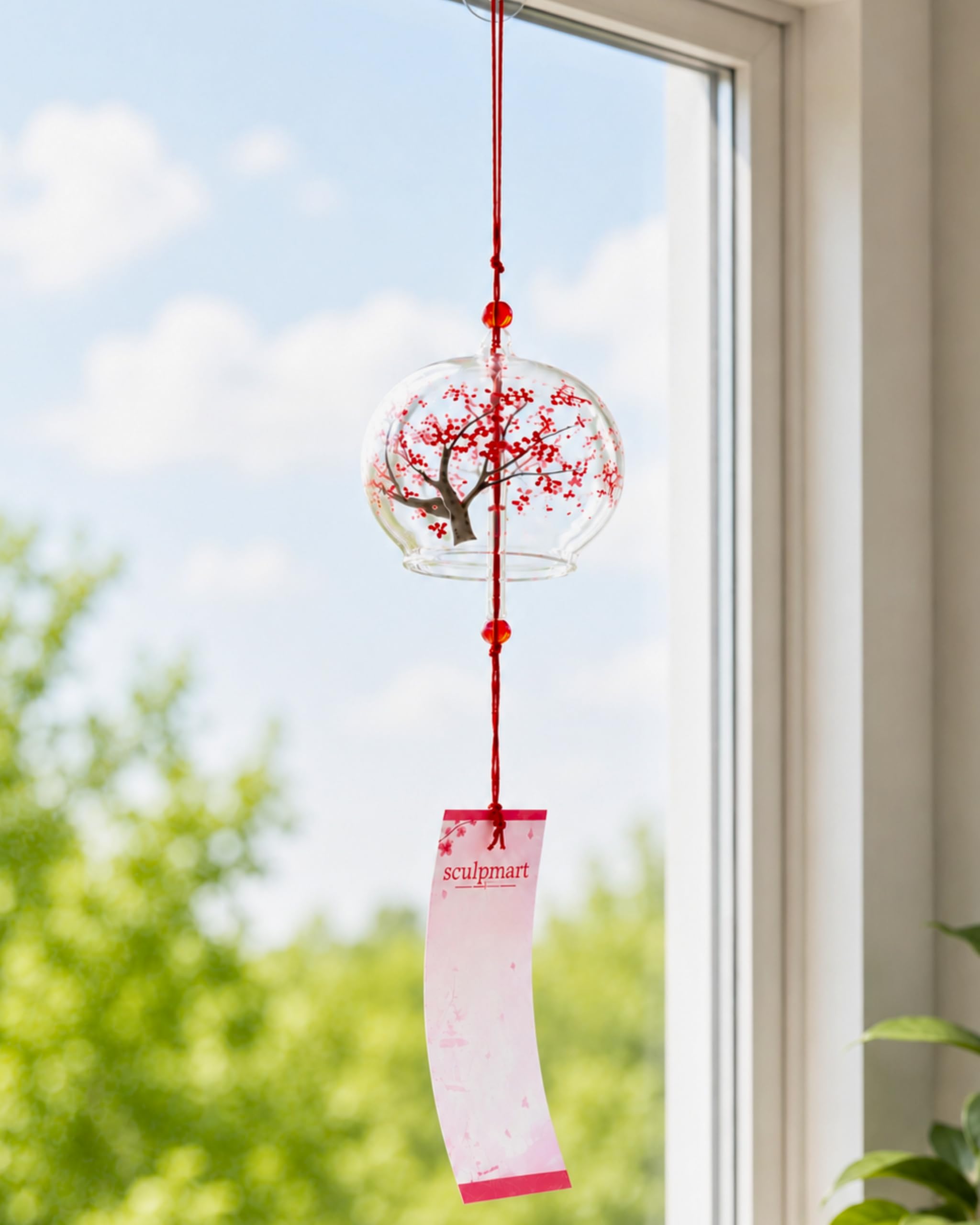 Japanese Red Blossom Tree Design Glass Wind Chime with 10" Replaceable Wish Notes for Goal, Dream & Wishes | Perfect for Hanging Near Window, Balcony,Gifting & Home Decor-image-9
