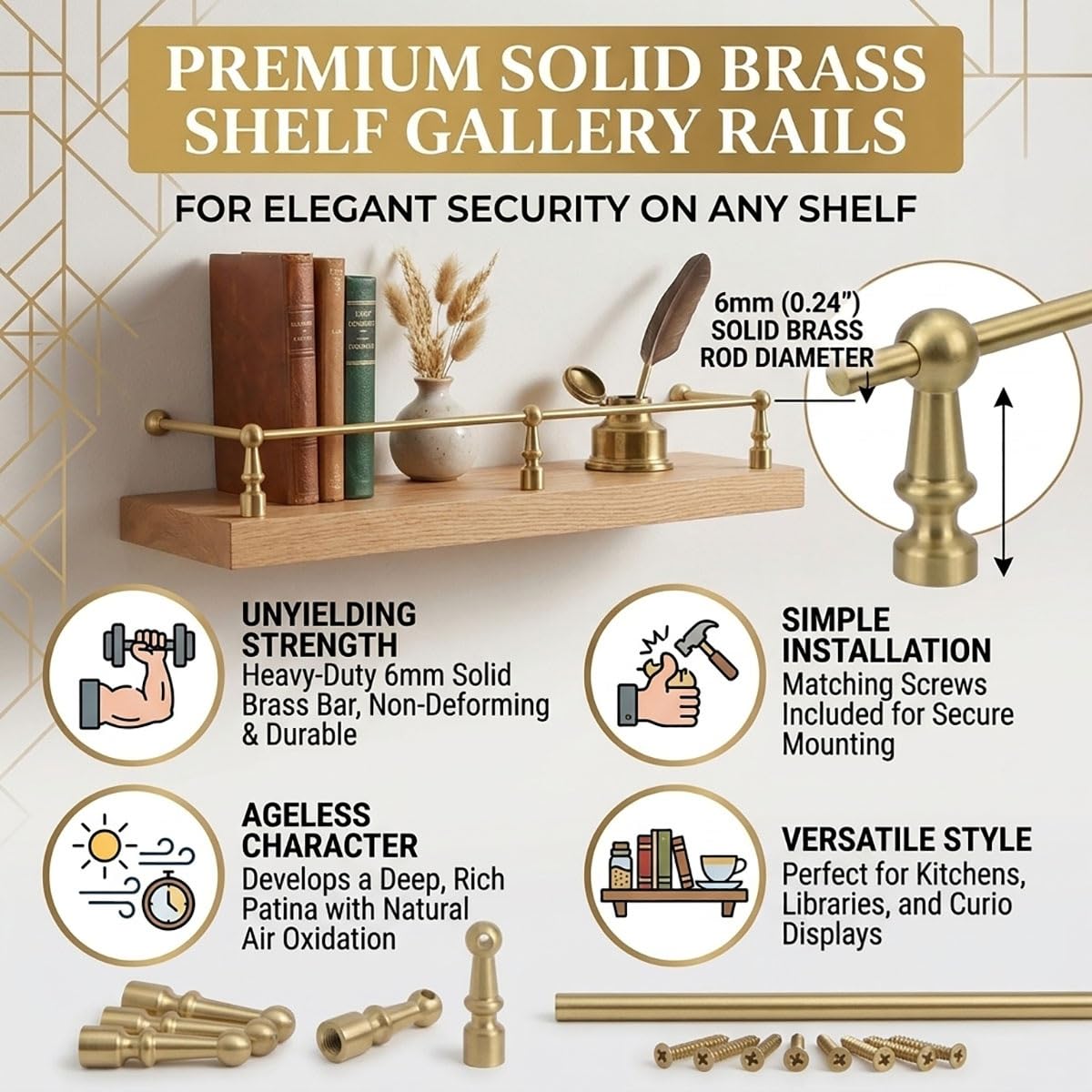 Generico Eleganti binari in Ottone per mensole da 24, 36, 48 e 78 Pollici - Accessori Decorativi Lunghi per casa, Ufficio e Negozi, Supporto Elegante per mensole a Parete