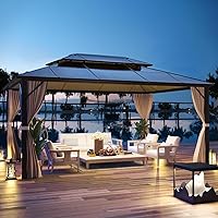 Vista 10 de YOLENY Cenador de techo rígido de 10'x12', toldo de techo de policarbonato para exteriores, marco de aluminio, pabellón permanente con cortinas