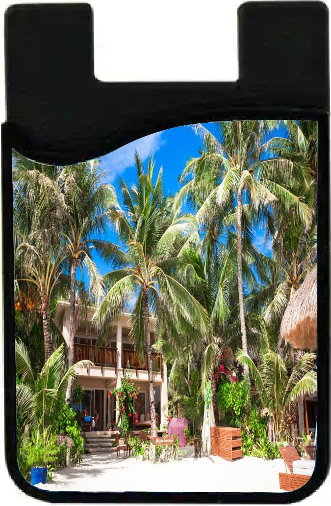 Island Gifting Neoprene Stick-on ID Card Holder for iPhone/Galaxy/Google Android Cases Featuring Image of Cozy Little Hotel on Tropical Excotic Resort White Sandy Beach Phillipines