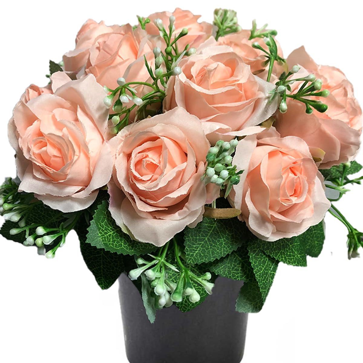 Etomvoop Pink Grave Flower In Pot 12 Heads Artificial Rose Fake Funeral Floral For Memorial Cemetery Christmas Decorative