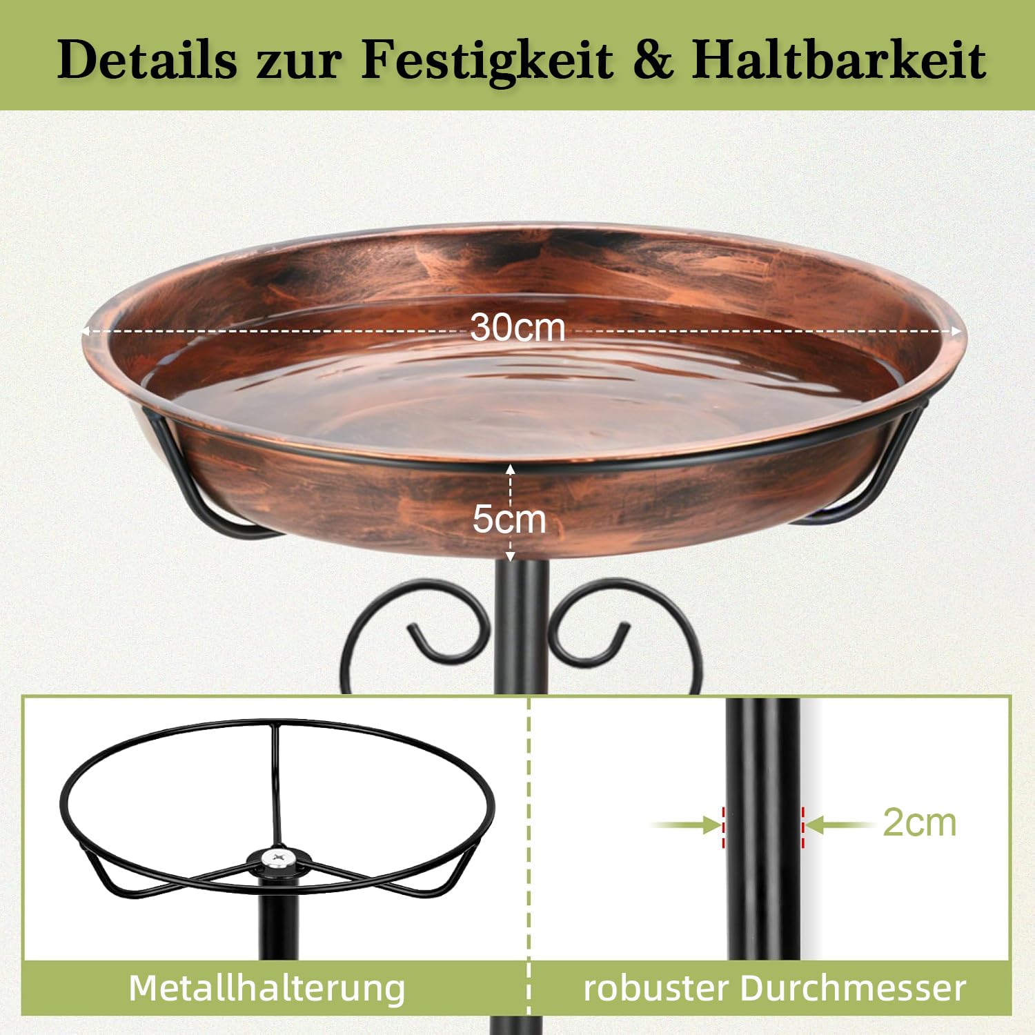 GREELUE Vogeltränke Stehend 30CM, Vogelbad für Garten Balkon, Metall Wassertränke für Wildvögel, Futter Schale Vogelbad Gartendeko Bird Bath (Antike Bronze-30cm)