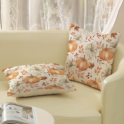 Miniatura 199 de Juego de 2 fundas de almohada de otoño de 18 x 18 pulgadas, hojas de arce de calabaza y búfalo a cuadros, decoración de otoño, de lino, Acción