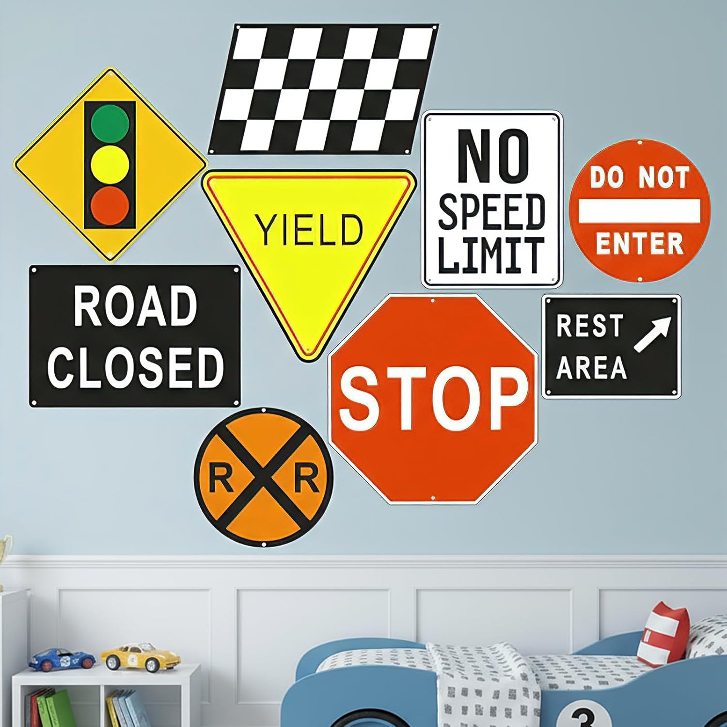 RattanView 9 Pcs Race Car Room Wall Decor Vintage Road Bedroom Decor Funny Railroad Crossing Metal Sign Traffic Wall Art Decoration for Racing Room, Garage, Man Cave, Workshop, Bar(Classic)