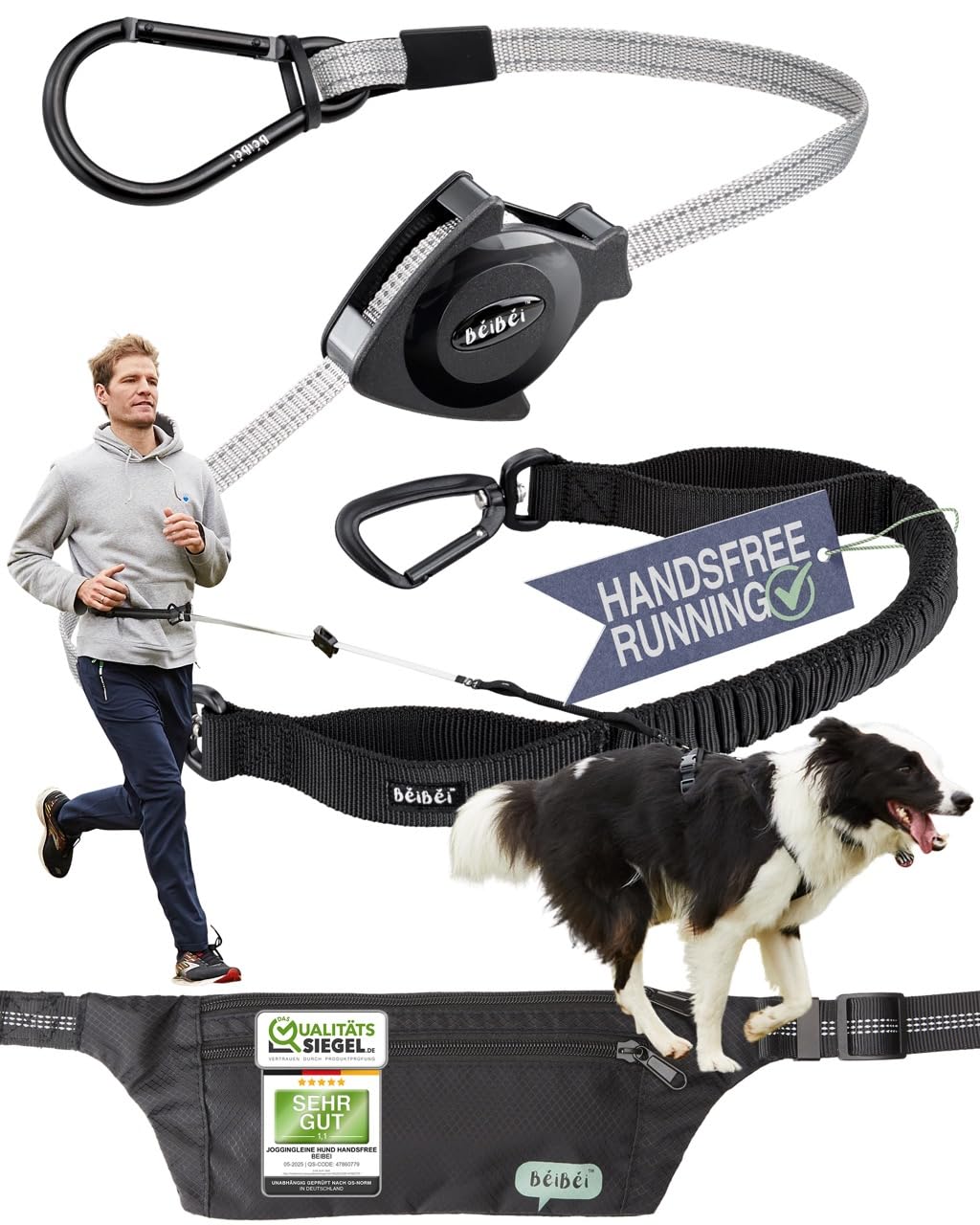 Handsfree Hundeleine mit Bauchtasche & Hüftgurt – Nie Wieder Leine in der Hand | Stoßdämpfer, Einziehmechanismus, 2 Sicherheitsgriffe & Reflektor | Jogging & Canicross 5–40 kg (Größe L)