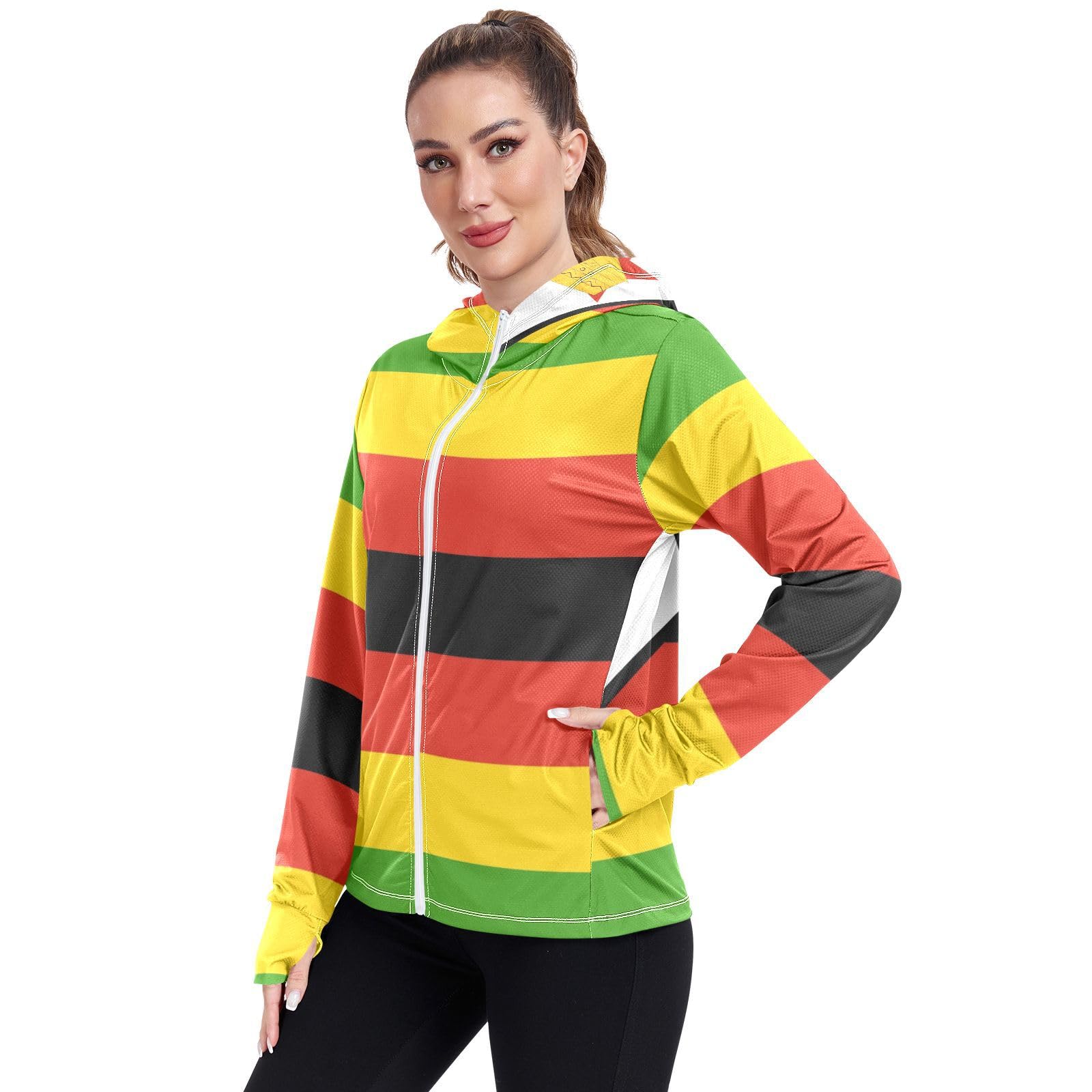 Zimbabwe Flag Womens UPF 50+ Sun Protection Hoodie Jacket Lightweight Long Sleeve Sun Shirt with Pocket Multicoloured