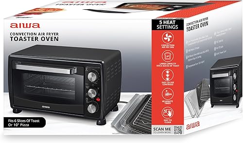 Miniatura 4 de Aiwa Horno tostador de 1400 W, 6 rebanadas con bandeja para hornear, freír al aire, tostadas, cocinar y asar, control de temperatura, perilla de