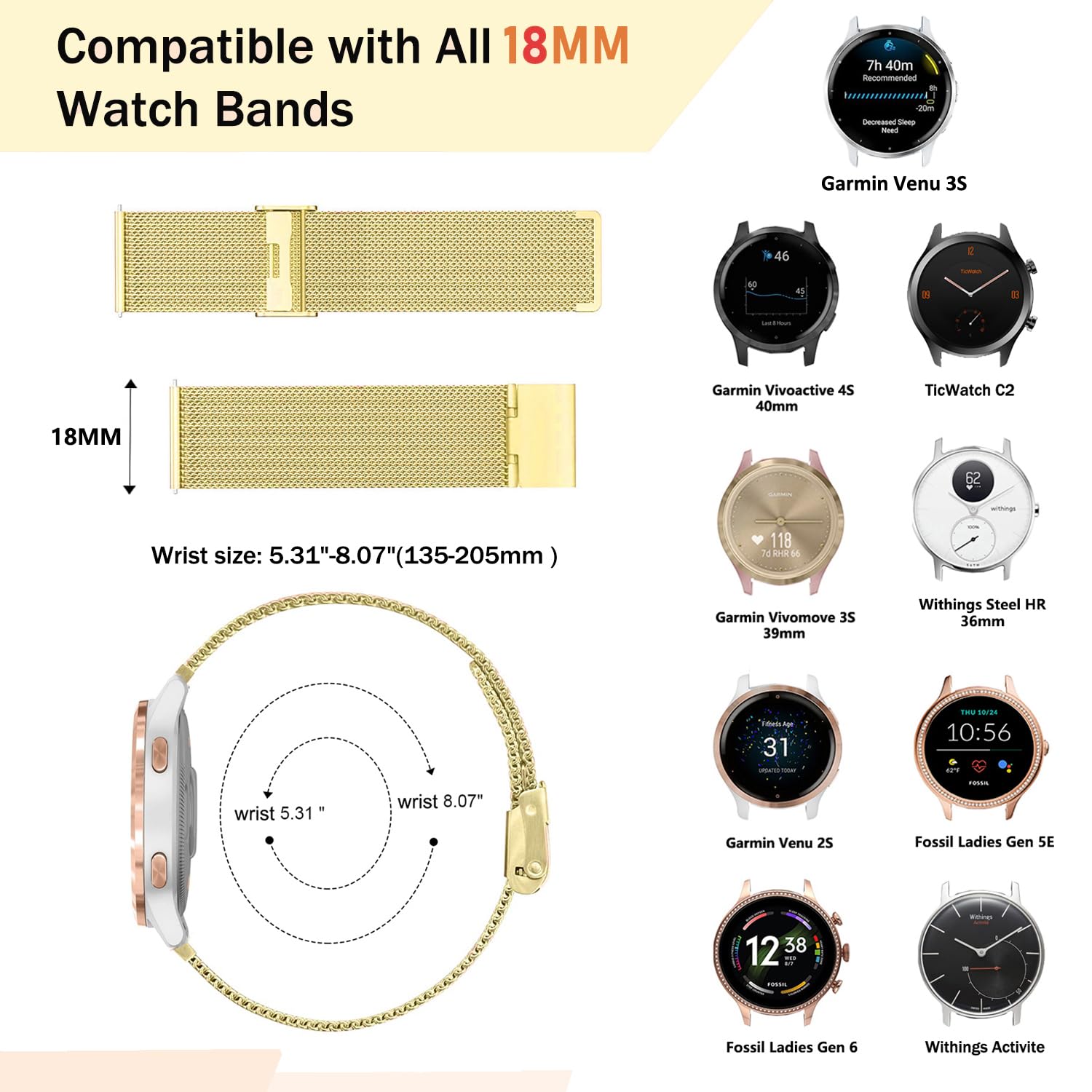 Metalowy pasek do Garmin Venu 2S/Venu 3S/Vivomove 3S/Vivoactive 4S, 18 mm pasek ze stali nierdzewnej do Fossil Ladies Gen 6/Gen 5E/Gen 4/Gen 3