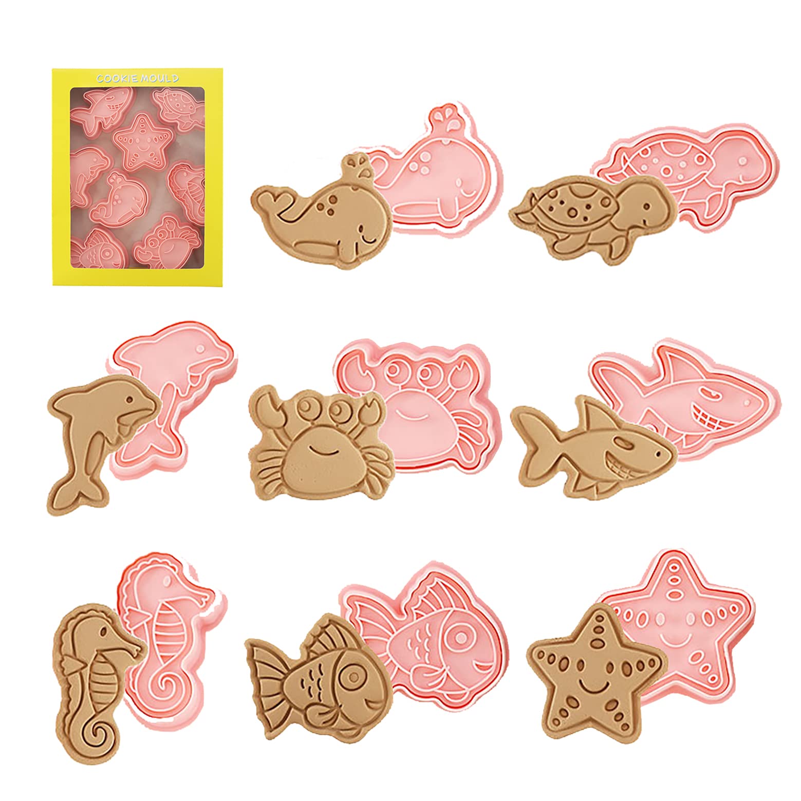 Marine Life Cookie Cutter Set, 8 Pcs Plastic Cartoon Biscuit Cutter Stampers Emboss, 3D Cartoon Fun Biscuits Mould Set, for DIY Baking Cake Fondant Pastry Bakeware Decoration